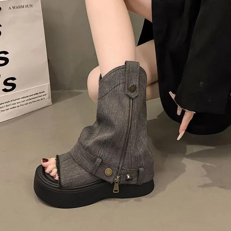 Fashion Retro Thi Heel Roman Booties Women's Faion Toe Cover High Top Sandals Heightening Zipper ort Boots Summer New Arrival