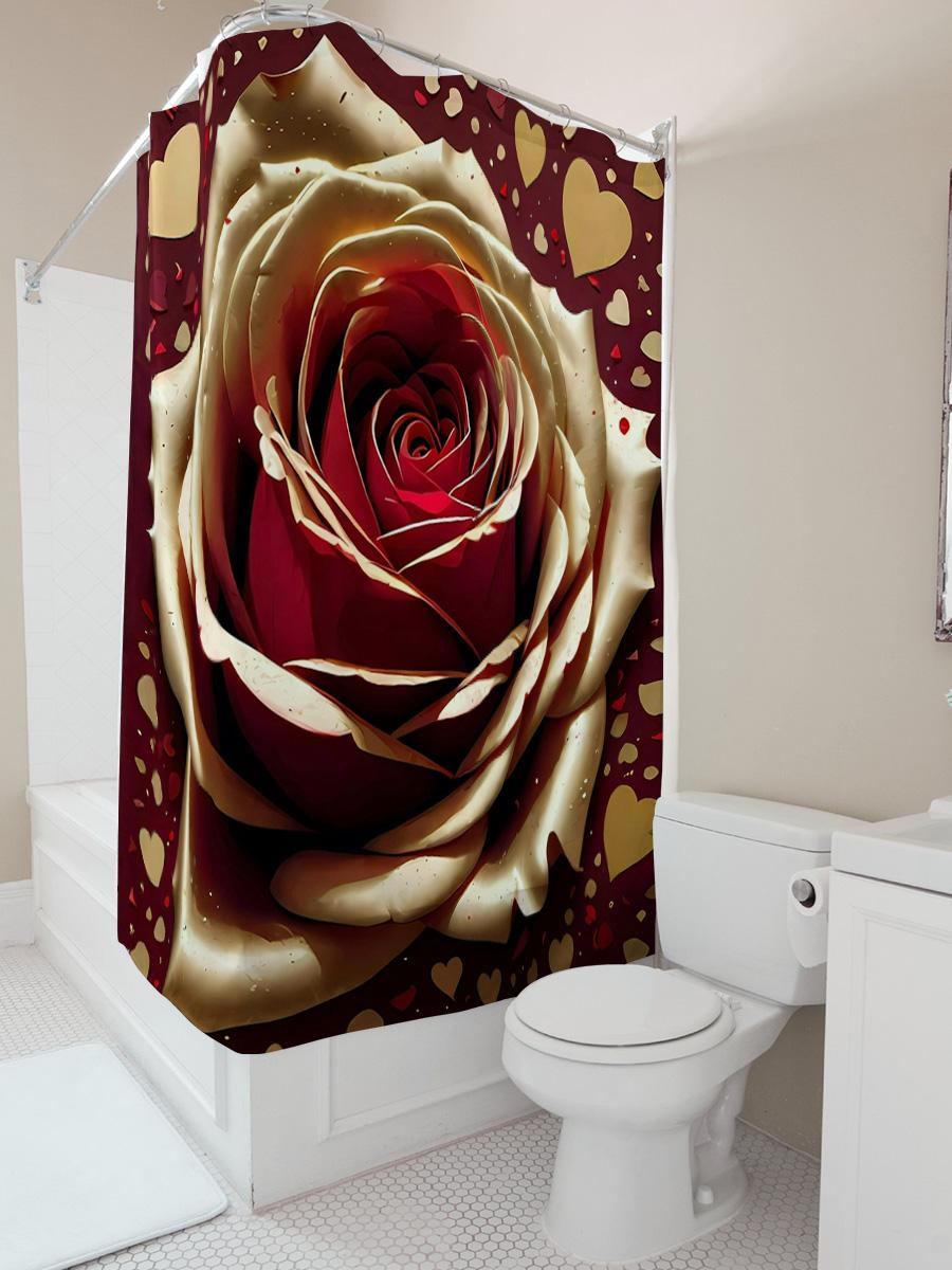 

Golden Rose With Hearts Shower Curtain - Elegant And Romantic Bathroom Decor W60H190(CM)-1 Pcs