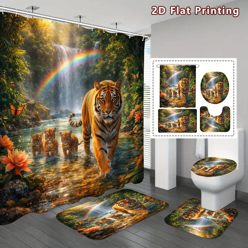 4Pcs Shower Curtain Set with Non-Slip Bath Mat, Toilet Lid Cover, Contour Rug & 12 Hooks, Bathroom Decor