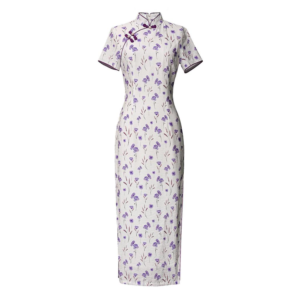 2024 Spring/Summer Elegant Retro Double-Layer Silk & Linen Short-Sleeve Cheongsam Dress
