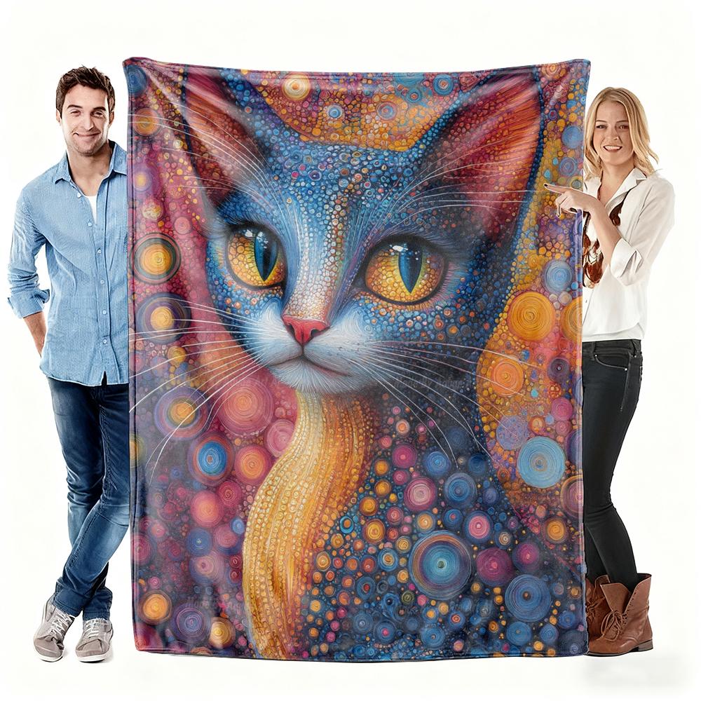 Psychedelic Dot Art Cat Flannel Blanket, Vibrant Colorful Feline Throw, Soft Cozy for Cat Lover Home Decor, Warm Sofa Couch Gift