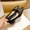 Leather French thick heel low heel single shoes femininity pointed rhinestone square buckle occupation commuter work large size women's shoes