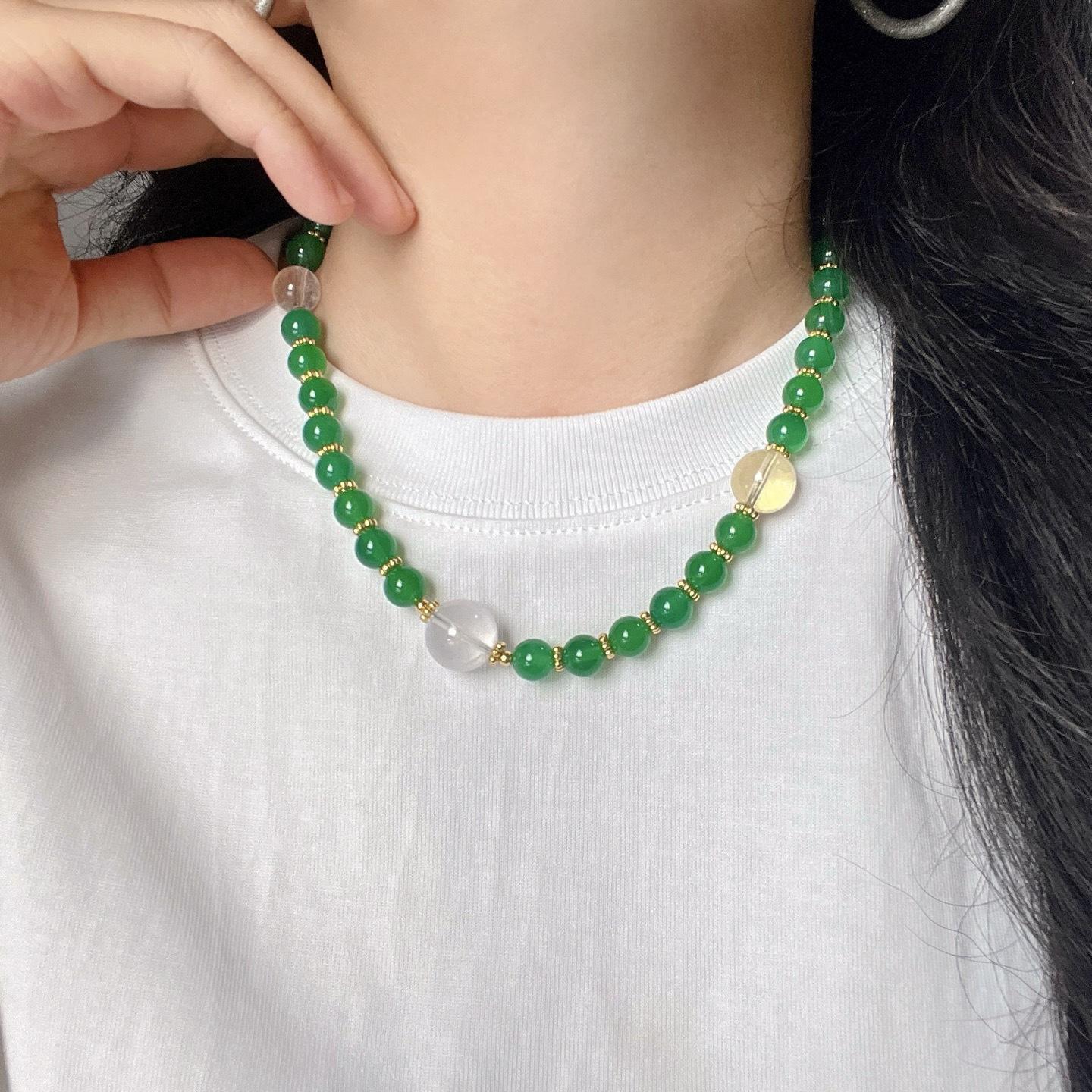High Quality 8M Natural Ice Transparent Emperor Green Chalcedony Agate Necklace Collarbone Chain