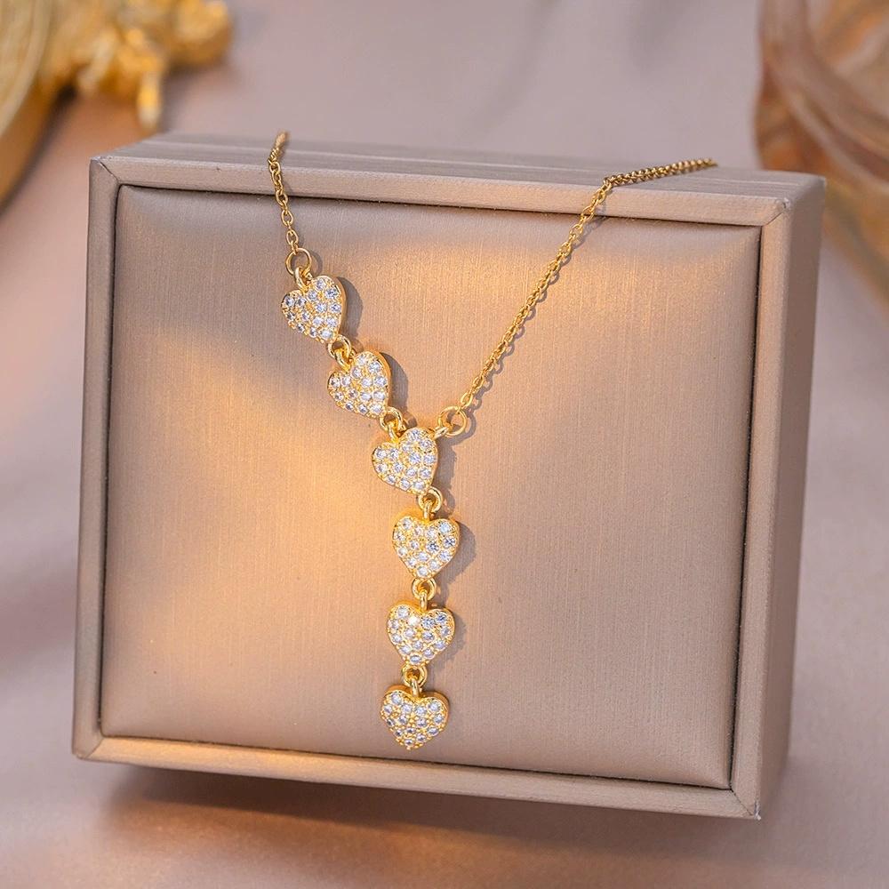 Female Crystal White Zircon Stone Heart Pendant Necklace Vintage Gold Color Wedding  For Women