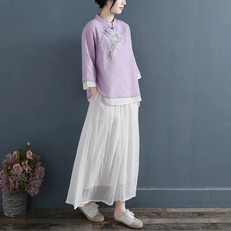 

Женская рубашка из хлопка и льна с вышивкой на пуговицах, с воротником-стойкой, рукавом семь четвертей, вставками, свободного кроя, с диагональной планкой, топ для весны и лета 3XL