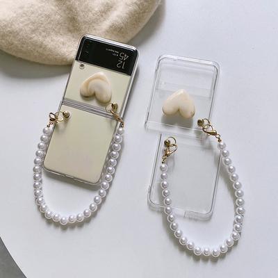 Women Cute 3d Marble Heart Portable Pearl Bracelet Phone Case For Samsung Galaxy Z Flip 3 5g /Z Flip Transparent Hard Pc Cover