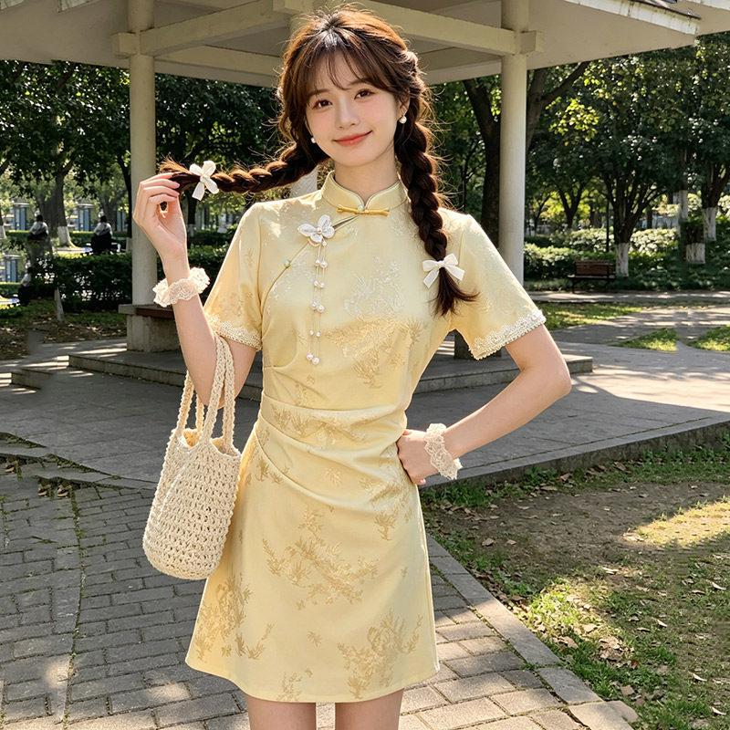 Yellow national style new Chinese short cheongsam improved young new girl high sense small summer S