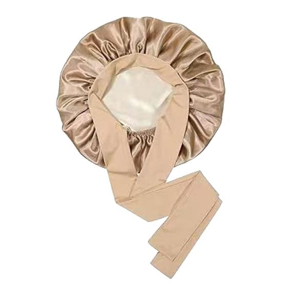 Double Layer Satin Sleeping Cap Solid Color Women Braids Long Curly Hair Night Sleep Cap Large Round Silk Hair Bonnet with Tie Band