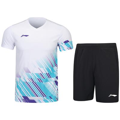 Li Ning Badminton Series Printed V-Neck Breathable Versatile Short Sleeve T-Shirt And Mid-Rise Shorts Casual Sports Set Unisex Sports Set AATU053-2