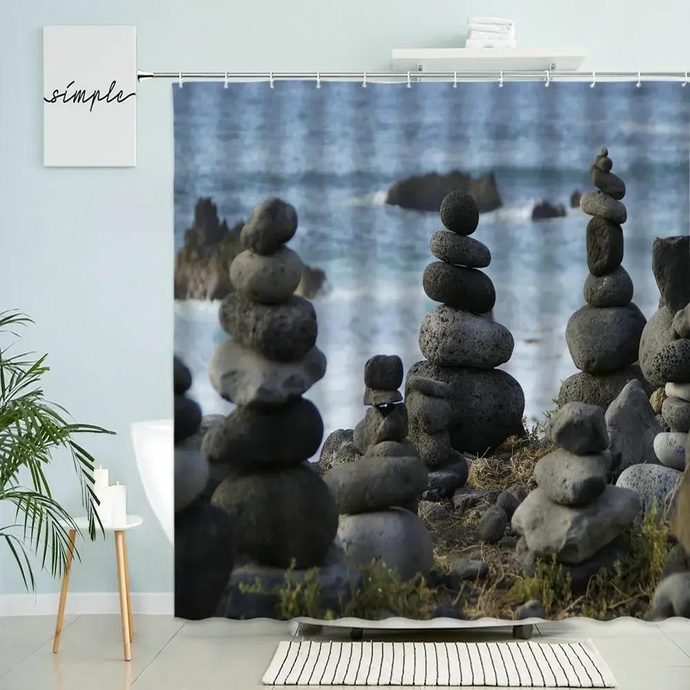 Zen Landscape Shower Curtain Natural Scenery Bathroom Decor Stone Rock Waterfall Beach Boho Polyester Screen With Hooks Washable