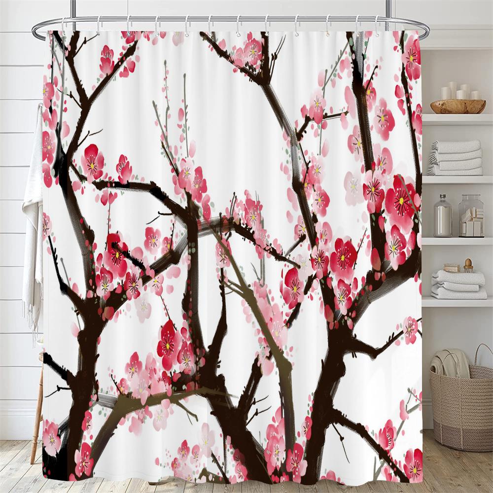 Japanese-Style Flowers Plum Blossom Shower Curtains Bathroom Curtain Frabic Waterproof Polyester Bath Curtain With Hooks