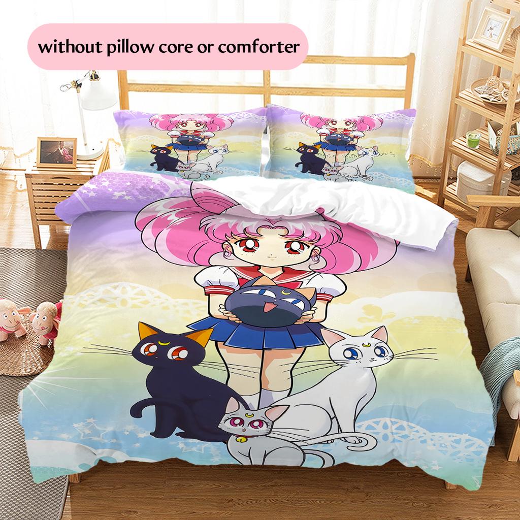 Sailor Moon Luna & Katzenfamilie Bettbezug & Kissenbezüge, Sailor Moon Fan Schlafzimmer Bettwäsche, Perfektes Geschenk.chl