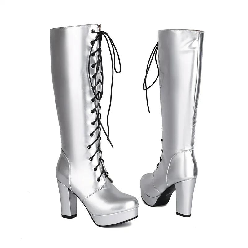 Shiny Gold Red Patent Leather Knee High Boots Women Thick Heels Dress Party Sexy Lady Lace-up Zipper Platform Long Riding Boots