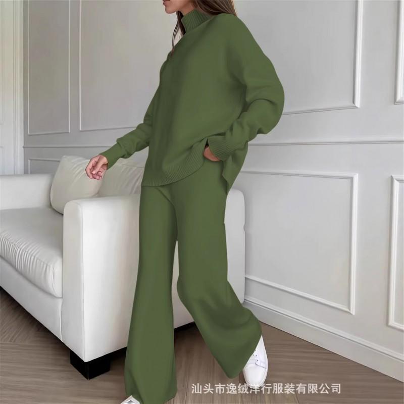 Womens Solid Color High Neck Knit Set Casual Loose Fit Wide Leg Pants Two Piece Outfit Winter