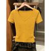 Yellow V-neck Front Shoulder Short-sleeved T-shirt Women's Summer Design Sense Niche Slim and Thin Short