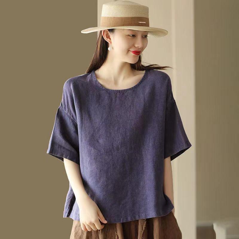 

Жіноча літня простота вільна мода однотонна бавовняна та лляна футболка з круглим вирізом та коротким рукавом жіноча повсякденна футболка, що робить стрункішою XS синій