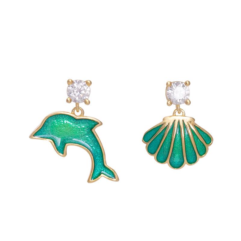 Asymmetric Ocean Shell & Dolphin Zircon Earrings - S925 Silver Glazed Drop Style for Women
