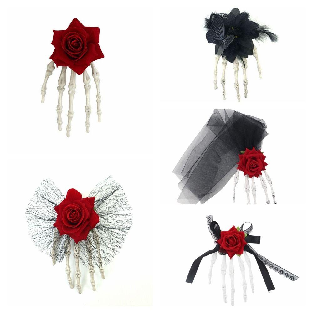 Skeleton Ghost Claw Hair Clip Flower Halloween Headwear Skeleton Hand Rose Hairpin  Children