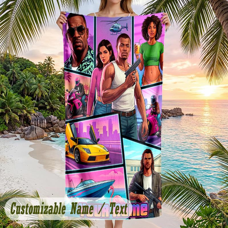 GTA Beach Towel, Personalized Custom Text, Quick Dry Soft Large Towel For Swimming Pool Travel