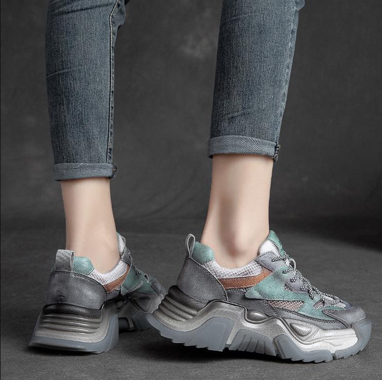 Fashion 5CM Air Mesh Genuine Leather Chunky Sneaker Flats Booties Autumn Sneaker Women Comfy Spring Summer Mixed Color Ankle Boots Shoes