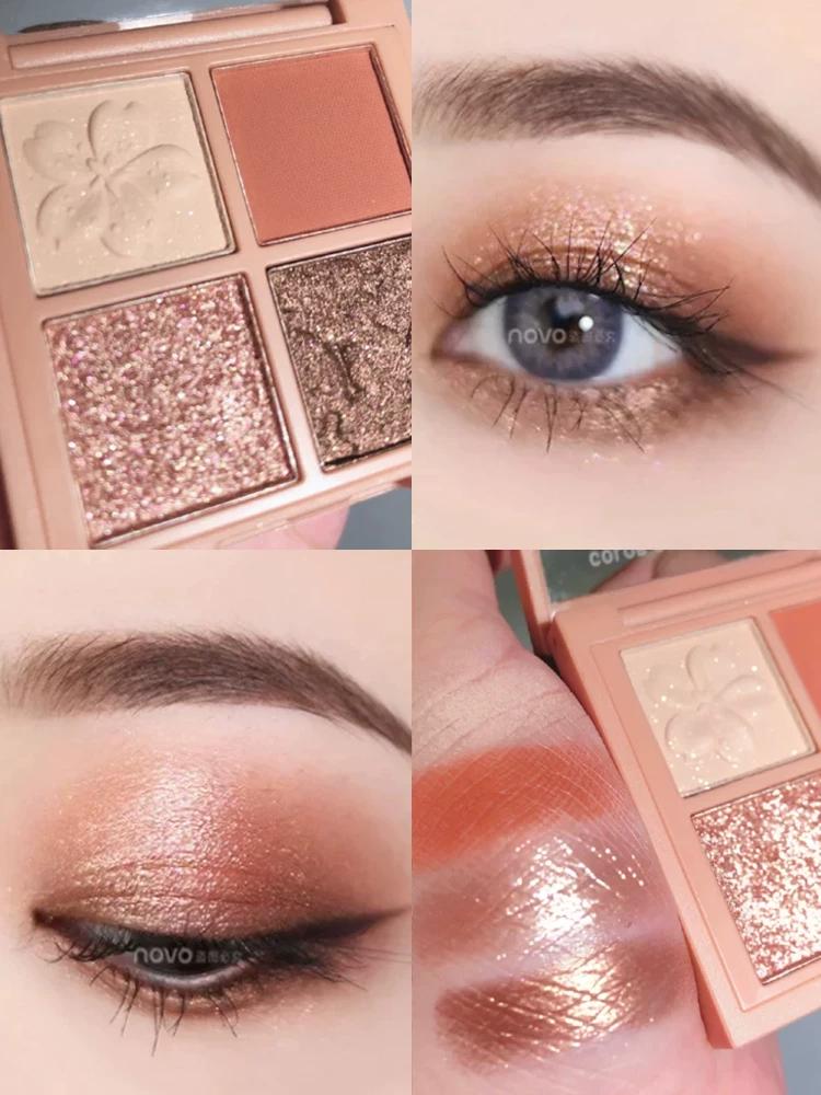 Novo Four Color Eyeshadow Palette 2025 New Arrival Genuine Goods Earth Color Smear-Proof Makeup Matte Pumpkin Color Cheap Daily Light Makeup