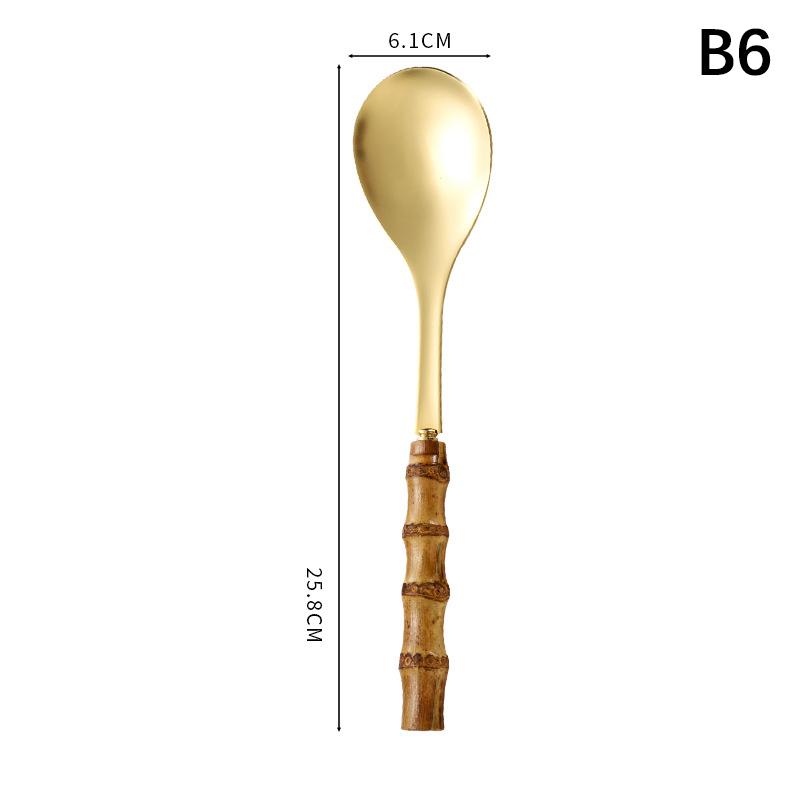 Long Handle Serving Spoon Fork Stainless Steel Gold Silver Bamboo Wooden Salad Spork Dessert Salad Spoon Tableware Set Kitchen