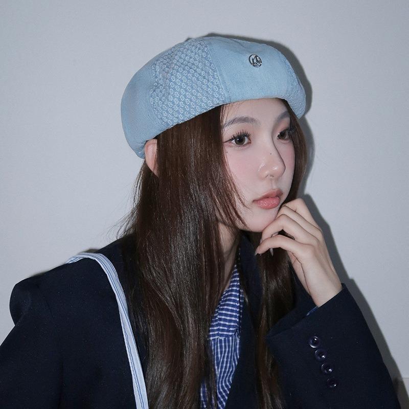 25 early autumn new niche splicing denim beret women's printing trendy painter hat
