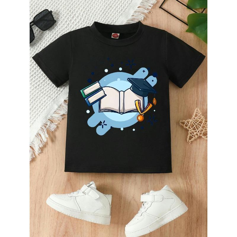 Europäische Größe Mädchen Rundhals Kurzarm T-Shirt mit Abschlusszeit Bachelorhut Musterdruck