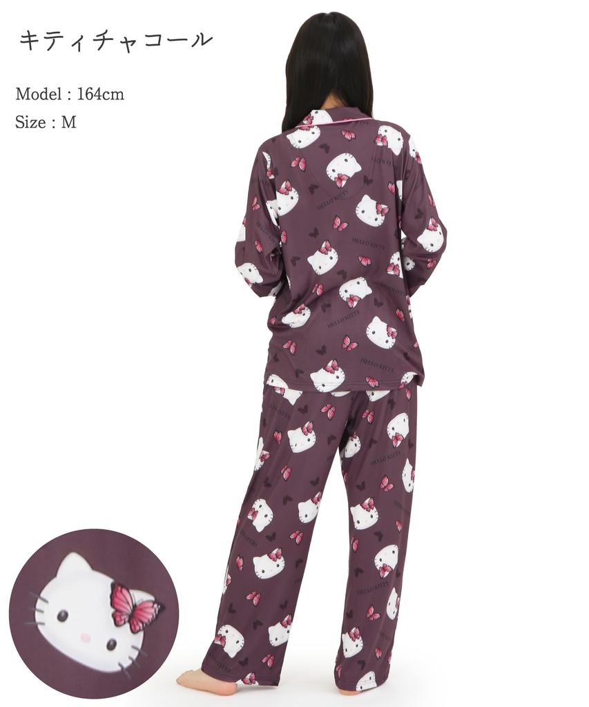Hello Kitty Shirt Pajamas Powder Stretch Long Sleeve Long Pants Top and Bottom Set Loungewear [SAZAC] Women's (Charcoal Gray/M/SAN1906)