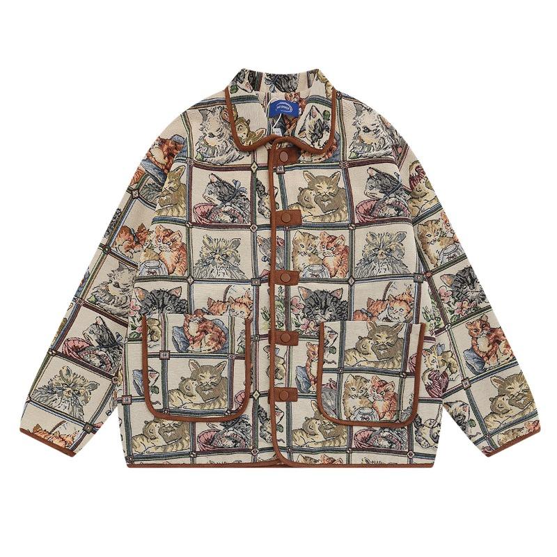 Brand, autumn and winter retro cartoon cat jacquard jacket niche coat