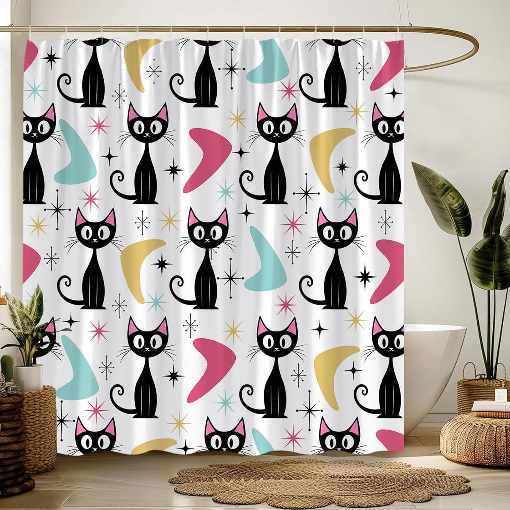 Mid Century Atomic Cat Shower Curtain Modern Abstract Geometric Atomic Black Cat Vintage 50S 60S Retro Colorful Fabric Bathroom