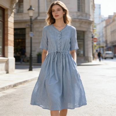 Damen Baumwoll Leinen Kleid Kurzarm V-Ausschnitt Knöpfe Bindegürtel Midi Kleid Sommer Freizeit Boho A-Linie Fließendes Kleid
