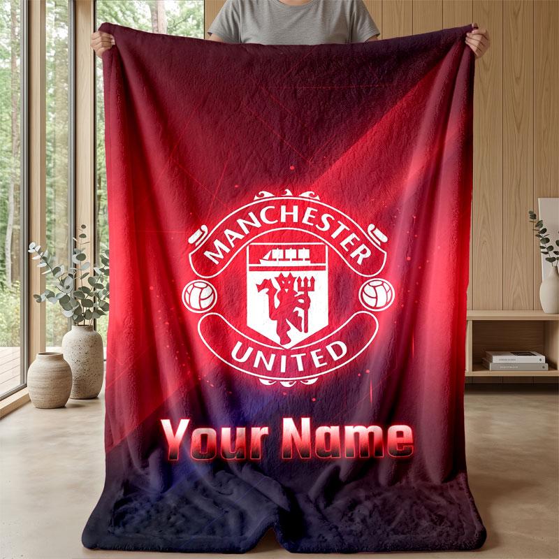 Coperta in Flanella Personalizzata con Nome Testo Manchester United Logo Calcio Plaid in Pile Personalizzato Regalo Speciale per Divano Camera da Letto Casa