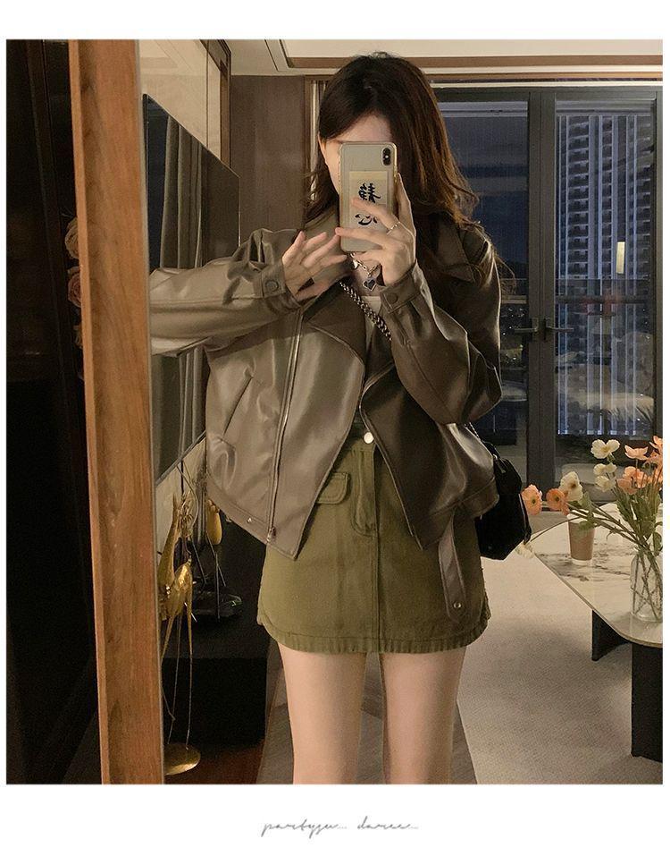 Women's Slimming PU Leather Jacket - Spring/Autumn, Lapel, Petite and Versatile Fashion