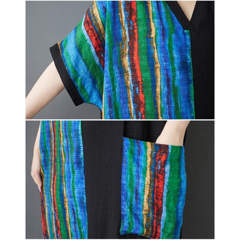DIMANAF Women Summer New 2025 Plus Size Dress Casual V-Neck Loose Stripe Long Dress Vintage Dress Maxi