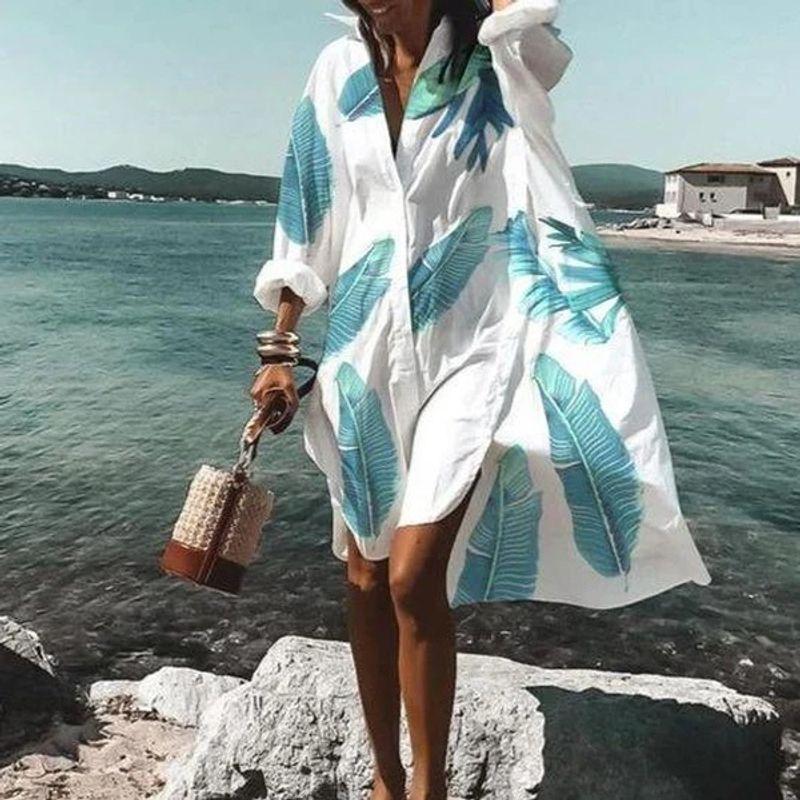 

European and American Seaside Women clothes Fashion Vacation Print Plus size Loose Shirts Dress Loose Shirt Dress Sunflower Fan L