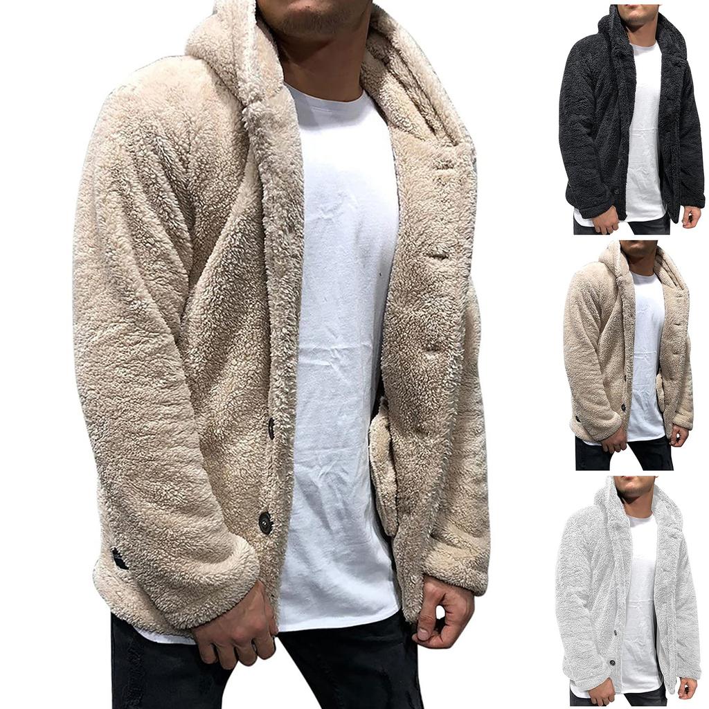Podzimní a zimní pánský jednobarevný fleecový kabát s kapucí Fleece módní trend pánské oblečení