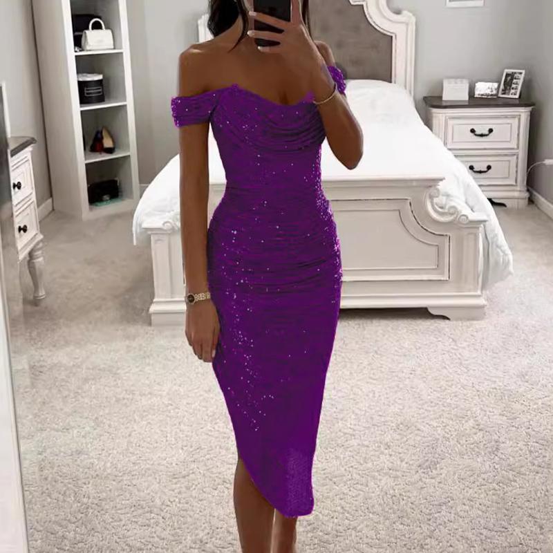 Sexy Asymmetrische Shinny Glitter Falten Lange Kleid Elegante Solide Winter Bankett Kleid Frauen 2024 Eine Schulter Bodycon Party Kleid