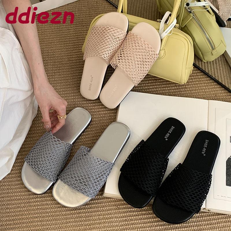 Fashion Luxury Fashion Mesh Breathable Ladies Flats Slippers Shoes New In Summer Beach Slides Women Flats Slippers Female Sandals Shoes