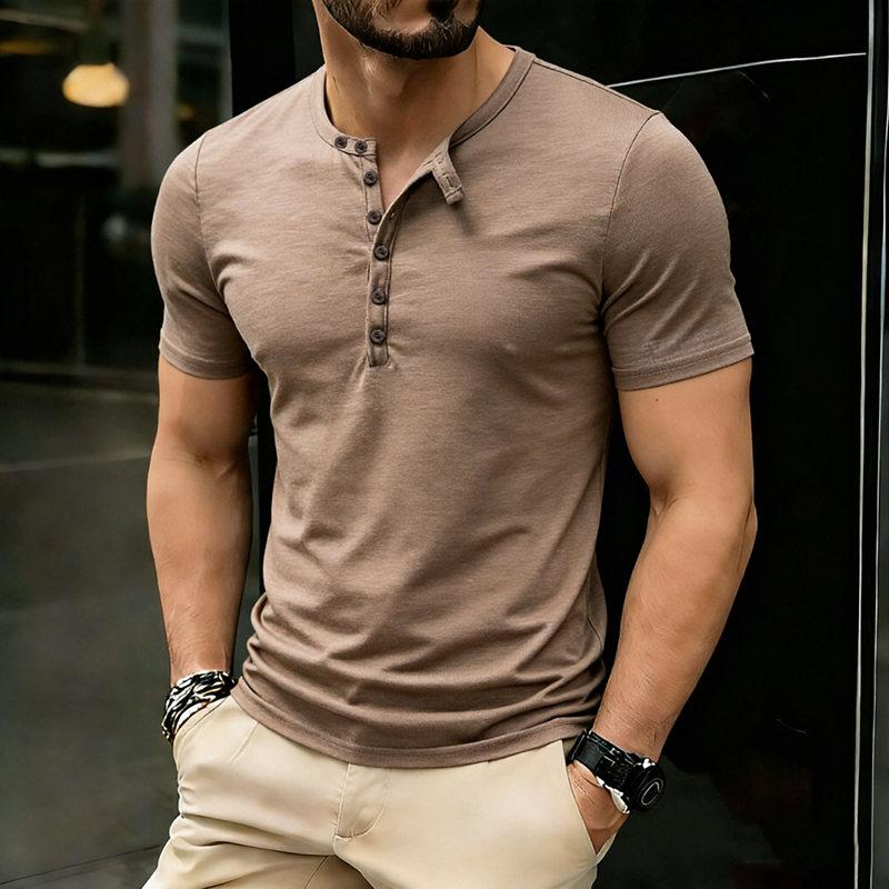 New Design Men's Summer Solid Color T-Shirts Bamboo-Handled Henry Collar Casual Button Short Sleeve Top Tees Hip Hop Streetwears