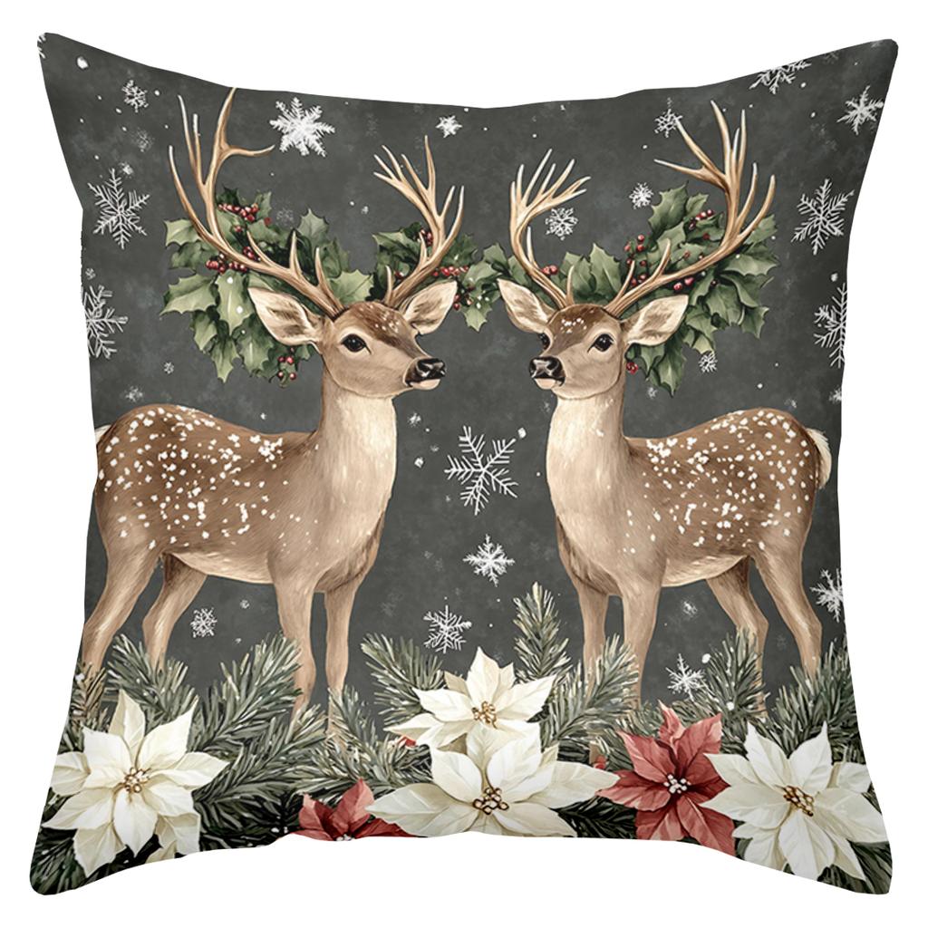 2D Flat Printing Christmas Deer Pillows With Snowflake And Flowers Polyester Pillowcase, Sofa Decorative Cushion Cov