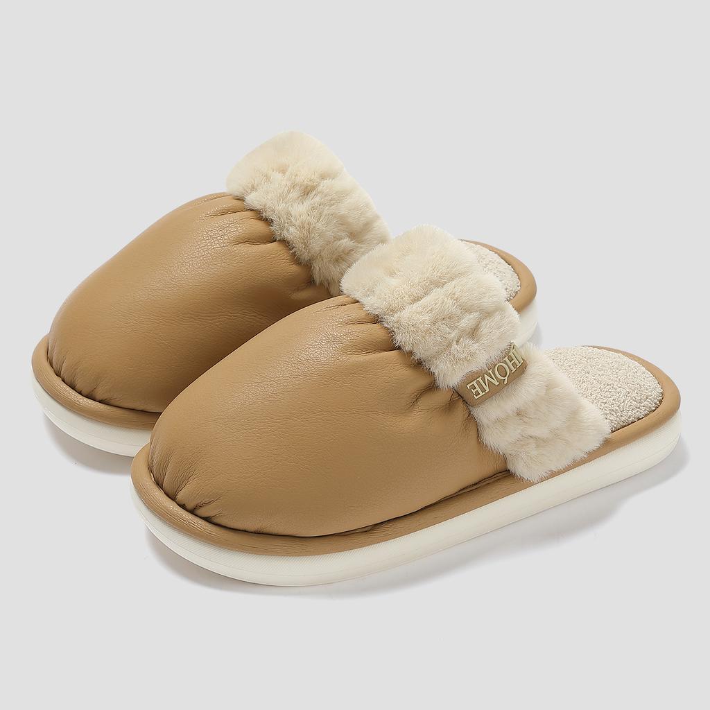 Home Cotton Slippers Winter Pu Waterproof Indoor Home Large Size Warm Plush Cotton Mop