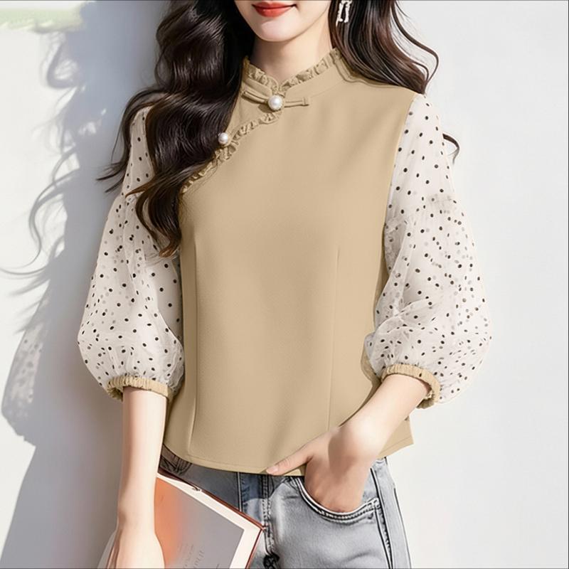 ZANZEA Damen durchsichtiges Netz-Patchwork 3/4-Ärmel Freizeitbluse