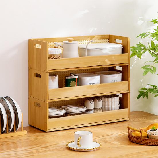 Vintage Wooden Storage Rack Desktop Compact Disc Holder with Handles Stackable Bamboo Display Rack for Cassettes Tape Spice Jars Mugs