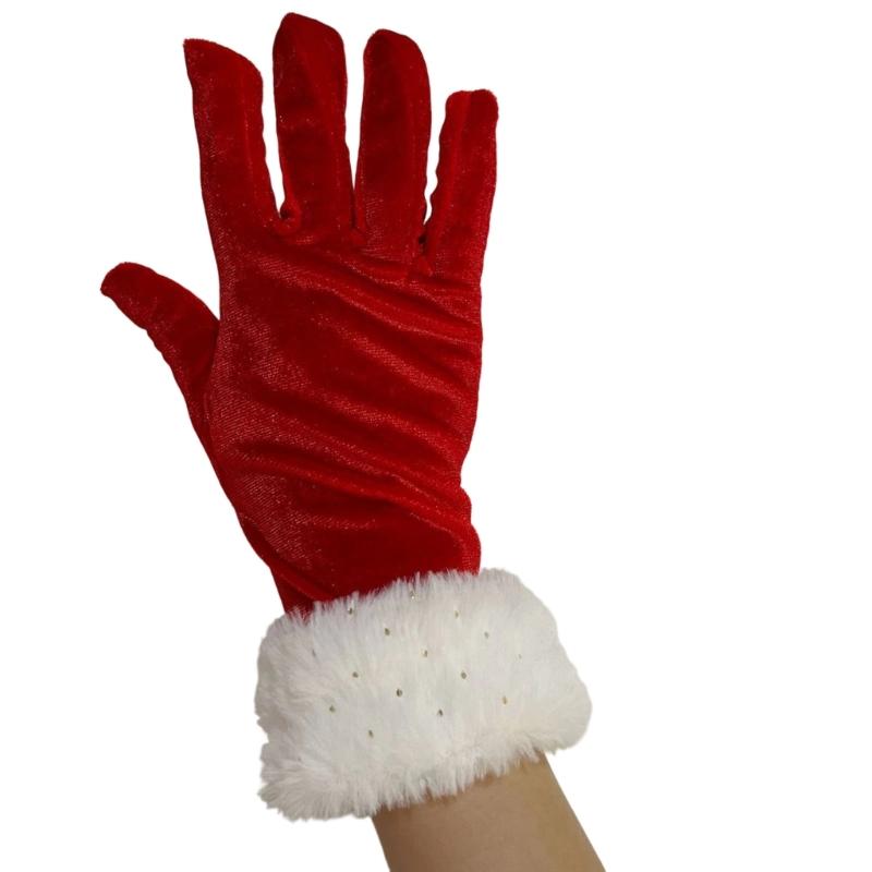 Christmas Costume Gloves for Adult, Red Gloves with Furry Plush Cuffs, Decorative Handwear for Holiday Festival Event Photography