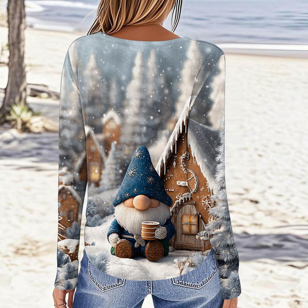 Women's Fashion Casual Long Sleeve Christmas Printed Round Neck Top