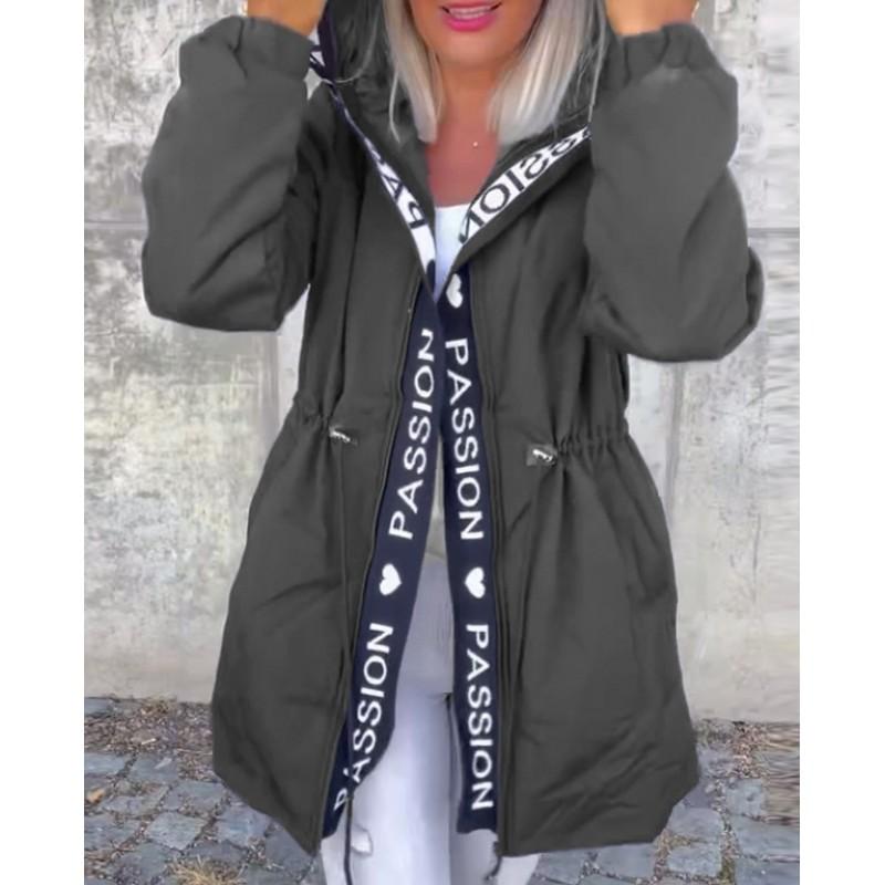 Womens Winter Casual Hooded Zip-Up Letter Print Cotton Puffer Coat With Pockets