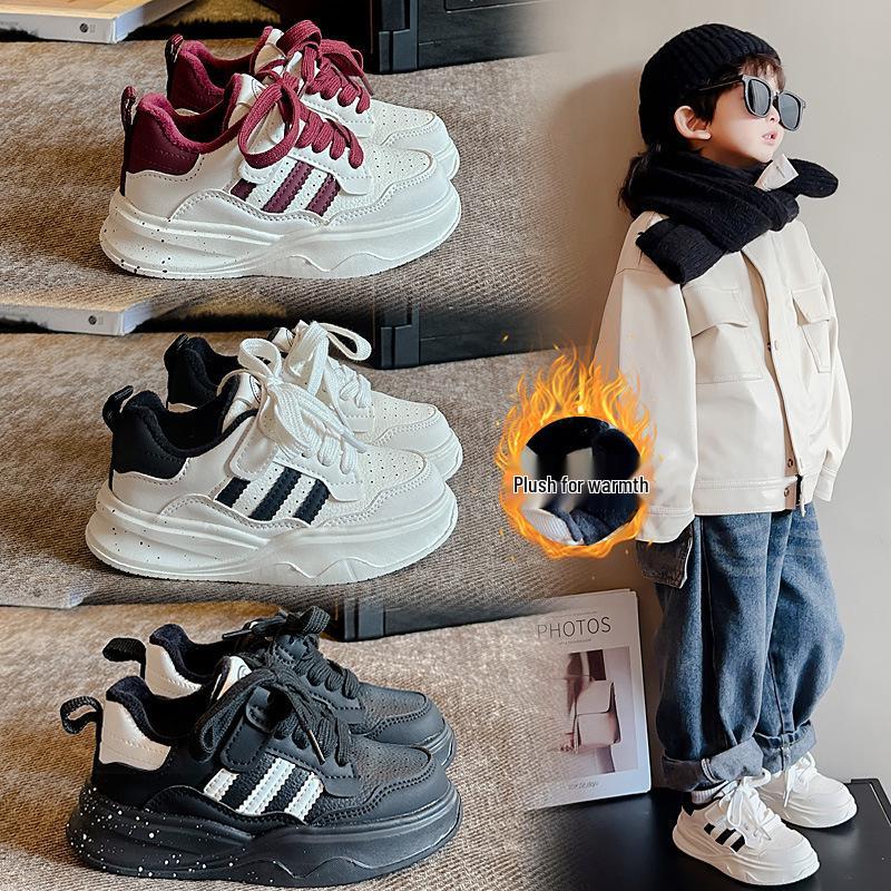 2025 Kids' Plus Velvet Non-Slip White Sports Shoes for Boys and Girls