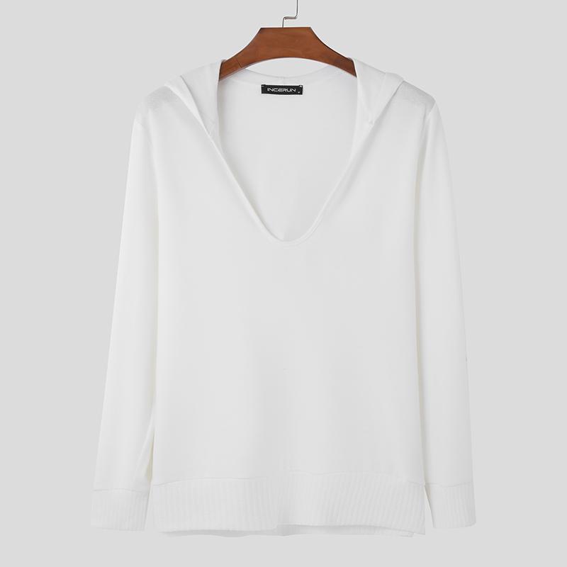 

INCERUN Осенние мужские свитера с капюшоном и V-образным вырезом, с длинным рукавом, повседневные трикотажные толстовки с капюшоном 2XL