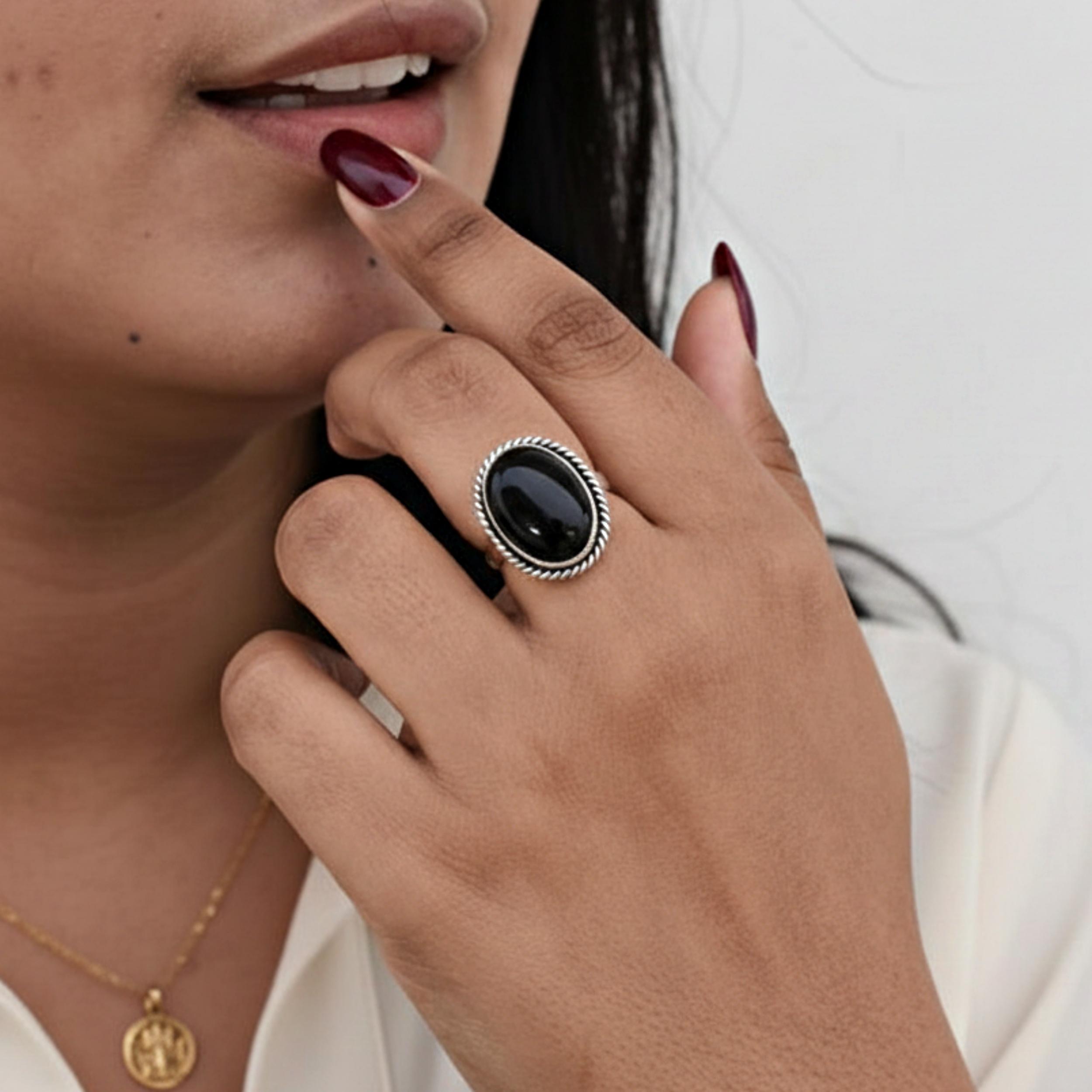 

Natural Black Onyx Ring, 925 Sterling Silver Jewelry, Minimalist Bohemian Cocktail Ring, Gift for Her 12 серебряный